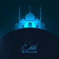 Eid mubarak blue glowing mosque background design