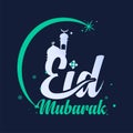 Eid mubarak calligraphy with celebration blue background. Eid night moon, Typography in eid mubarak