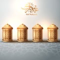 Eid Mubarak calligraphy with glossy golden lanterns and crescent elements Royalty Free Stock Photo