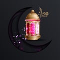 Eid Mubarak calligraphy with glossy golden lanterns and crescent elements Royalty Free Stock Photo