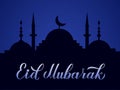 Eid Mubarak calligraphy lettering and silhouette of mosque against night sky. Muslim holy month concept. Vector template for Royalty Free Stock Photo