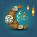 Eid Mubarak calligraphy with round patterned moon and golden lantern background.vector illustration Royalty Free Stock Photo