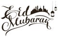 Eid mubarak calligraphy text. Mosque silhouette, lantern and crescent