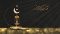 Eid mubarak card with 3d goldren Podium with crescent moon, raditional islamic lantern, candles,Banner for Product Showcase,