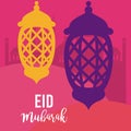 Eid mubarak celebration card with lanterns hanging and mosques scene