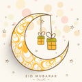 Eid Mubarak Celebration Concept With Crescent Moon In Paisley Arc Drops, Doodle Gift Boxes Hang And Stars Decorated On White