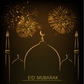 Eid Mubarak Celebration Concept With Linear Mosque, Fireworks On Brown