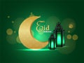 Eid mubarak celebration greeting card with vector lantern on pattern background