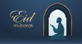 Eid Mubarak classic blue paper graphic of islamic festival background with Muslim prayer