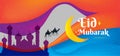 Eid Mubarak colorful greeting wish poster with camels and men, illustration vector