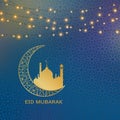 Eid mubarak cover card, Drawn mosque night view from arch. Arabic design background. Handwritten greeting card. Vector illustratio