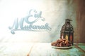 Eid mubarak with date palm fruit or kurma , ramadan food , image Royalty Free Stock Photo