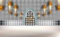 Eid mubarak design with luxurious-interior door scene hanging-lanterns and arabesque-arch on pear for eid