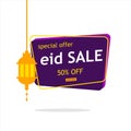 Eid mubarak discount banner template promotion. with hanging lantern islam arabic illustration