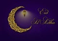 Eid Mubarak, Eid Al Adha muslim celebration greeting postcard with the golden moon