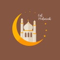 Eid mubarak flat banner vector illustration. Happy celebration Islamic design style, mosque and moon elements