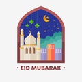 Eid mubarak flat banner vector illustration. Happy celebration Islamic design style, mosque and moon elements