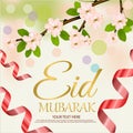 Eid Mubarak font design means happy ramadan with with beautiful flower background . vector illustration