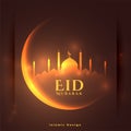 Eid mubarak glowing banner with crescent moon and mosque Royalty Free Stock Photo