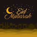 Eid mubarak gold moon stars and city vector design