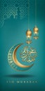 Eid mubarak with golden luxurious crescent moon and Traditional lantern, template islamic ornate greeting card vector for Mobile