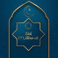 Eid mubarak greeting in door mosque illustration and crescent