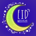 Eid Mubarak Greeting Card with Crescent Moon on Blue.