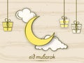 Eid Mubarak Greeting Card With Crescent Moon, Clouds, Stars, Gift Boxes Hang On Beige Texture Royalty Free Stock Photo