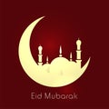 Eid Mubarak Greeting Card With Crescent Moon, Mosque On Red