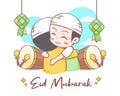 Eid mubarak greeting card with cute muslim boys cartoon illustration