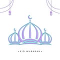 Eid Mubarak Greeting Card With Flat Mosque, Lanterns Hang On White