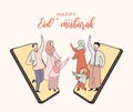Eid mubarak greeting card. two Family blessing eid al fitr each other using cell phone video call. Hand drawn style illustration