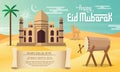 Eid Mubarak greeting card vector illustration with mosque, palm tree, camel, drum and desert background.