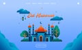 Eid mubarak greeting concept with mosque illustration for web landing page template, banner, presentation, social, and print media