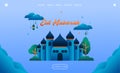 Eid mubarak greeting concept with mosque illustration for web landing page template, banner, presentation, social, and print media