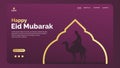 Eid Mubarak greeting concept with silhouette of muslim riding a camel for web landing page template