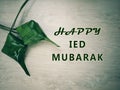 Eid Mubarak. Happy Eid Mubark card and greeting with two fresh ketupat, Indonesian and Malay tradition local food for Ramadan Royalty Free Stock Photo