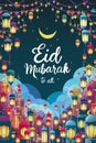 Eid Mubarak illustration with Islamic blue and pink gradient background