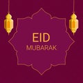 EID MUBARAK inscription on Arabic flower shape with Arabic pattern on background and lanterns