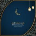 Eid Mubarak Islamic Arabic Blue Luxury Background with Golden Pattern Border Frame and Lantern Royalty Free Stock Photo