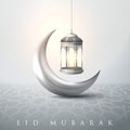 Eid Mubarak islamic design crescent moon and arabic calligraphy Eid Mubarak calligraphy with glossy golden lanterns and crescent Royalty Free Stock Photo