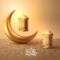 Eid Mubarak islamic design crescent moon and arabic calligraphy Eid Mubarak calligraphy with glossy golden lanterns and crescent Royalty Free Stock Photo