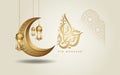 Eid Mubarak islamic design crescent moon, traditional lantern and arabic calligraphy, template islamic ornate greeting card vector Royalty Free Stock Photo