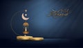 Eid Mubarak luxury greeting card with Crescent moon,Traditional Islamic lantern on golden Podium in Studio room with dark blue