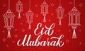 Eid Mubarak modern calligraphy lettering with lanterns on red background. Muslim holy month typography poster. Islamic traditional