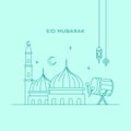 Eid mubarak monoline landscape design with great mosque adzan drum and hanging lantern lamp vector illustration