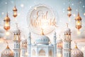 Eid Mubarak mosque celebration, glowing lanterns, serene sky background Royalty Free Stock Photo