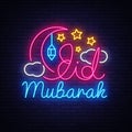 Eid Mubarak neon sign. Vector calligraphy with moon, Greeting with Islamic holiday, Greeting Card design template in