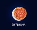 Eid Mubarak-Pizza food and white plate shape of eid or Ramadan moon concept