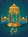 Eid Mubarak and Ramadan Kareem greetings. golden lantern and green halfmoon green background .vector illustration design Royalty Free Stock Photo